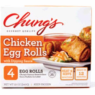 Chung's Gourmet Quality Egg RollsBuy 1 Get 1 FREEFree item of equal or lesser price.  
4-ct. 12-oz box or Spring Rolls, 5-ct. 10-oz box
