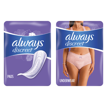 Save $2.00 on ONE Always DISCREET Incontinence Products (excludes 24ct, 26ct, 44ct and 48ct Always Discreet Liners and other Always Products and trial