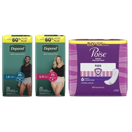 Save $2.00 on any ONE (1) Poise®  Pads (45 ct) or Depend Underwear® (22-32ct)