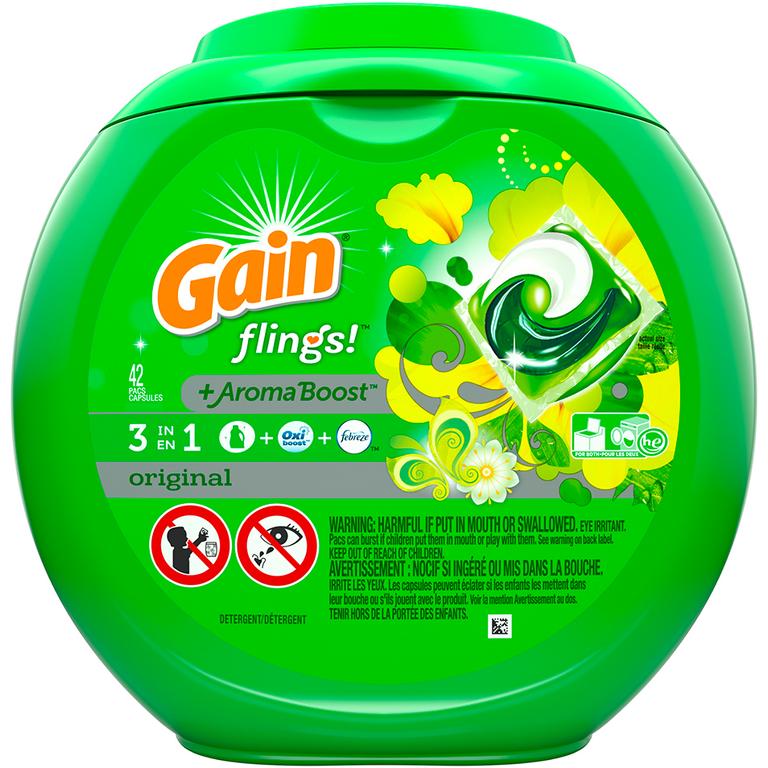 Save $4.00 ONE Gain Flings Laundry Detergent 60-112 ct OR Gain Super Flings Laundry Detergent 32-45 ct OR Gain Fireworks In-Wash Scent Boosters 24-26.5 oz (excludes Gain Fabric Softener, Gain Liquid/Powder Laundry Detergent, Gain Essential Oils, Gain Ultra Flings, Gain Sheets and trial/travel size).