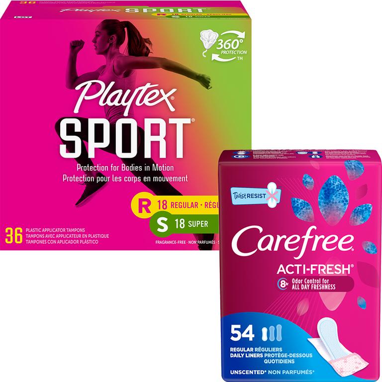 Save $2.00 off any TWO (2) Playtex® Sport or Clean Comfort™ Tampons or o.b.® Tampons or Carefree® Product 28 ct. or larger