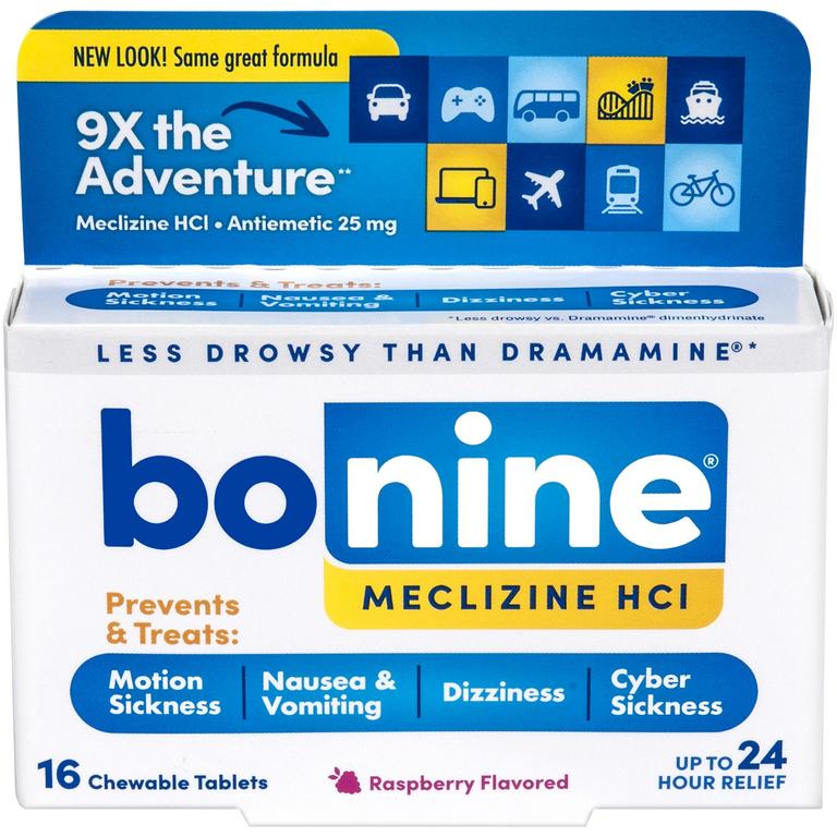 SAVE $2.50 ONE (1) BONINE 16ct Chewable Tablets for Motion Sickness, Nausea, Cyber Sickness, and more.