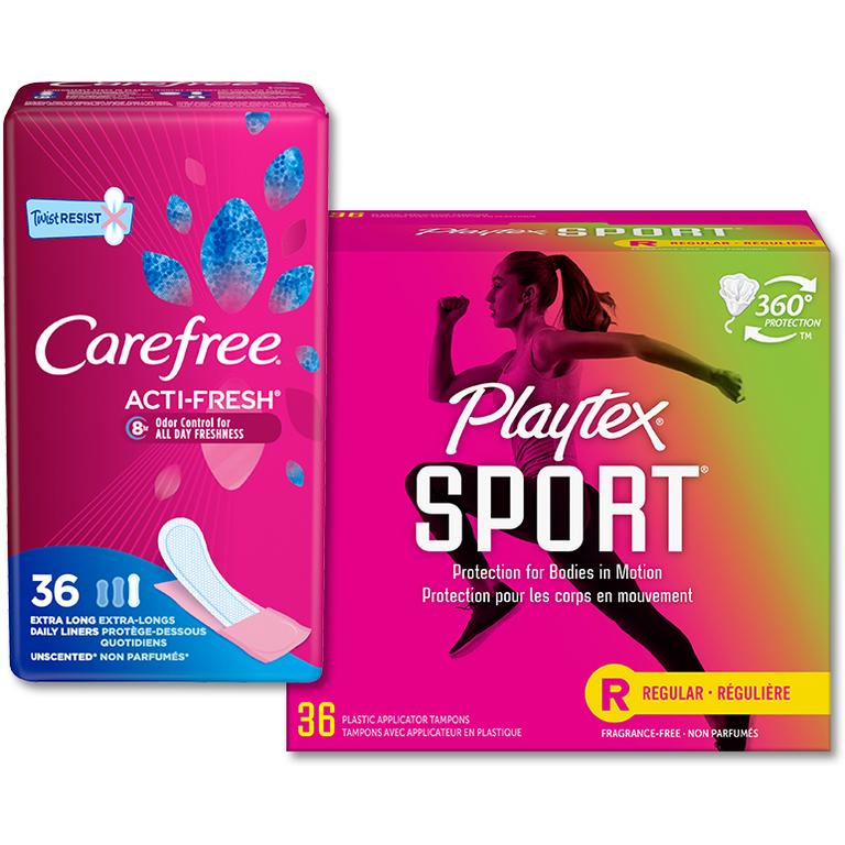 Save $3.00 off TWO (2) Playtex® Sport® (32ct. - 36ct. only), Playtex® Clean Comfort™, Playtex® Simply Gentle Glide®, o.b.® Tampons or  Carefree® Product 28 ct. or larger