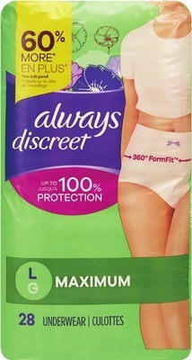 Always Discreet underwear 16-32 ct., pants 9-19 ct., pads 20-66 ct. or pads value packs 45-108 ct.2.00 Digital coupon + Spend $30 get $10 ExtraBucks Rewards®