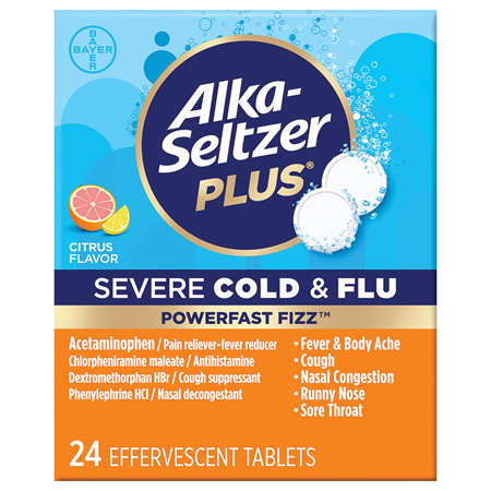 Save $2 on any ONE (1) Alka-Seltzer Plus® 24ct or larger Base (excl Fizzy Chews)