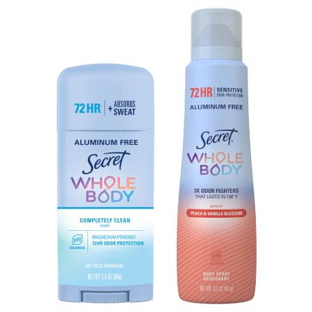 Save $7.00 on TWO Secret Whole Body Deodorants (excludes trial/travel size).