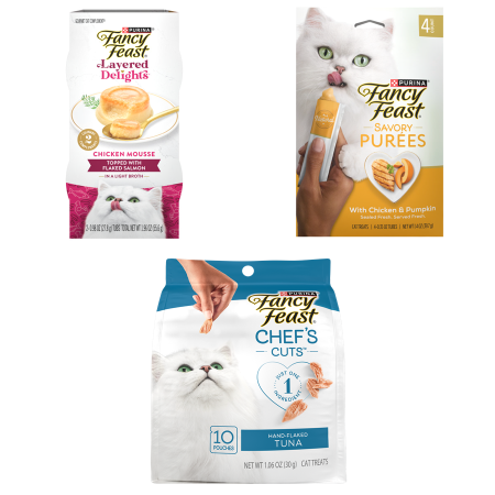 Save $0.75 on any ONE (1) 1.06 oz - 1.96 oz package of Fancy Feast&reg; Layered Delights&trade;, Chef's Cuts&trade;, or Savory Purees Cat Treats