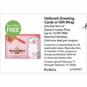 Free item of equal or lesser price.
Any Size Item of Equal or Lesser Price (up to 12.99) FREE Assorted VarietiesHallmark Greeting Cards or Gift Wrap