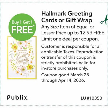 Free item of equal or lesser price.  
Any Size Item of Equal or Lesser Price up to 12.99 FREEHallmark Greeting Cards or Gift Wrap