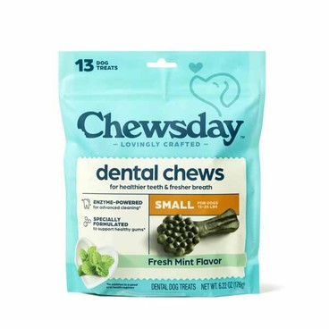 Chewsday Dental ChewsBuy 1 Get 1 FREEFree item of equal or lesser price.
For Small Dogs, 15 to 25-lbs; or Medium Dogs, 25 to 50-lbs, Fresh Mint Flavor, 6.22 or 6.55-oz bag