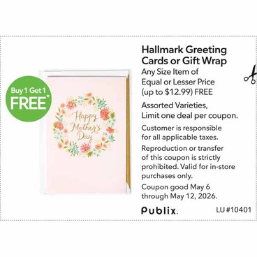 Free item of equal or lesser price.
Any Size Item of  Equal or Lesser Price (up to $12.99) FREEHallmark Greeting Cards or Gift Wrap