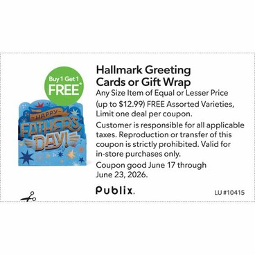Free item of equal or lesser price.
Any Size Item of Equal or Lesser Price (up to $12.99) FREE Assorted VarietiesHallmark Greeting Cards or Gift Wrap