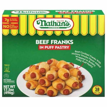 Nathan's Famous Beef Franks in Puff PastryBuy 1 Get 1 FREEFree item of equal or lesser price.
Or Wrapped in Pretzel Dough; or Corn Dogs, Sold Frozen, 17.5 to 24-oz pkg.