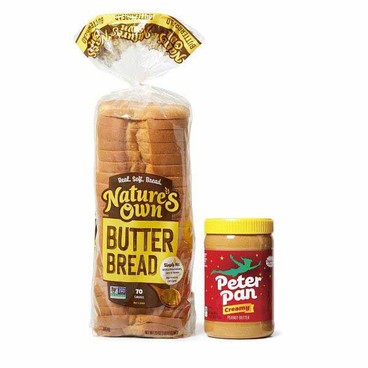 Nature's Own ButterbreadBuy 1 Get 1 FREEFree item of equal or lesser price.
20-oz bag; or Hamburger or Hot Dog Buns, 8-ct. 15 or 16-oz bag; or Peter Pan Peanut Butter, 28-oz jar