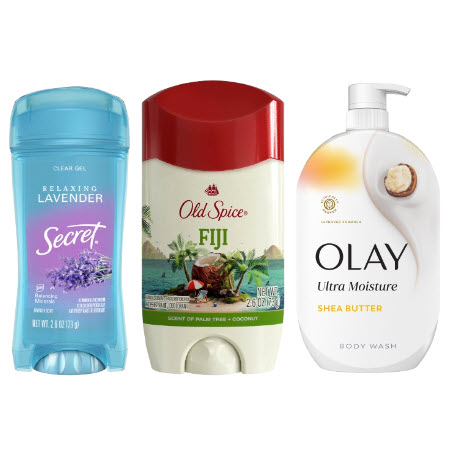 Save $3.00 any TWO (2) Secret, Old Spice or Gillette Deodorant, Olay or Old Spice Body Wash or Lotion AND/OR Olay Bar Soap