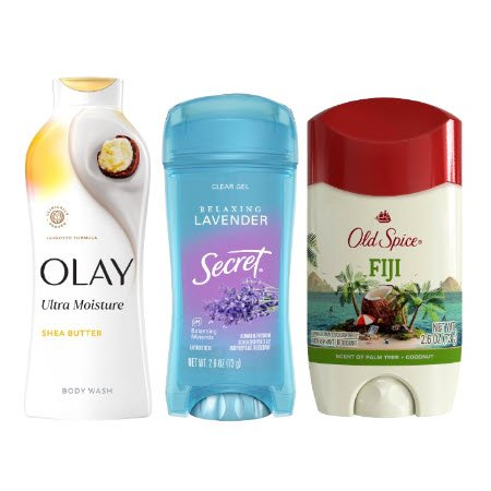 Save $5.00 when you spend $20.00 on Secret, Old Spice or Gillette Deodorant, Olay or Old Spice Body Wash or Lotion AND/OR Olay Bar Soap