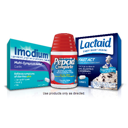 Save $3.00 on any ONE (1) PEPCID&reg; (20ct or higher), IMODIUM&reg; (excluding 6ct) or LACTAID&reg; Supplement product (excluding trial and travel)