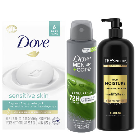 Save $5.00 on any THREE (3)  Axe, Dove, Dove Men+Care, Degree, Nexxus, Tresemme, Schmidt's, Shea Moisture or Vaseline