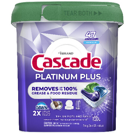 Save $3.00 on any ONE (1) Cascade Platinum Plus 47-62ct, Platinum 59-71ct, OR Complete 78-100ct Dishwasher Detergent (excludes travel/trial size).