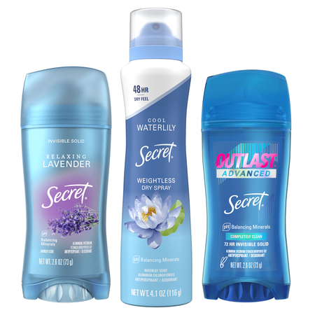 Save $5.00 on THREE Secret Fresh, Outlast, Aluminum Free, or Dry Spray Antiperspirants/Deodorants (excludes trial/travel size).