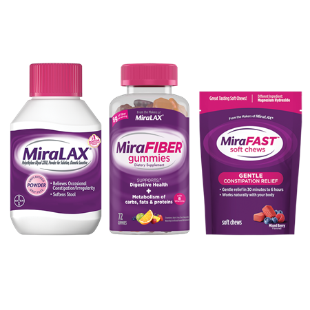 Save $3 on any ONE (1) MiraLAX&reg; product 20ct+, Mix-Ins 20ct, MiraFIBER&reg; Gummies, or MiraFAST&trade;