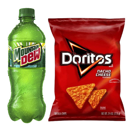 Buy any ONE (1) 20oz MOUNTAIN DEW&reg; and Get ONE (1) DORITOS&reg; Single (XXVL) 2.3 - 4oz bag free