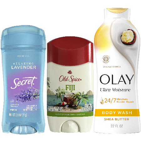 Save $3.00 on any TWO (2) Secret, Old Spice or Gillette Deodorants, Olay or Old Spice Body Wash or Lotion AND/OR Olay Bar Soap