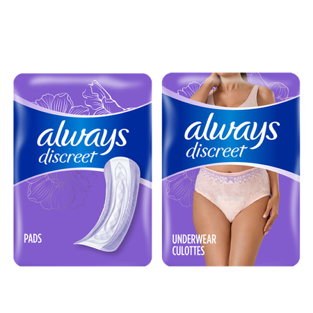 Save $3.00 on ONE Always Discreet 120ct, 111ct Liners, 26ct, 28ct, 33ct, 34ct, 39ct, 48ct, 54ct, 57ct, 66ct Pads OR 12-19 ct Underwear OR Always Discr