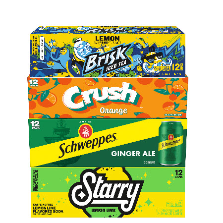 Save $1.00 on any THREE (3) CRUSH®, SCHEWEPPES®, STARRY®, MUG®, or BRISK® 12oz 12-Packs
