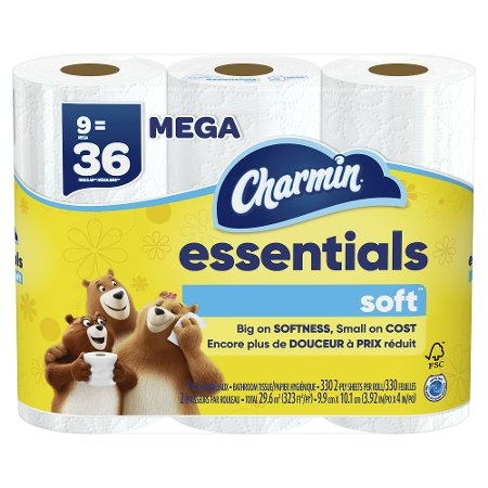 Save $1.00 on ONE Charmin Essentials Soft or Charmin Essentials Strong Toilet Paper Product 6 Roll Count or Larger (excludes trial/travel size).