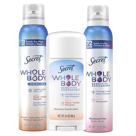 Save $7.00 on TWO Secret Whole Body Deodorants (excludes trial/travel size).