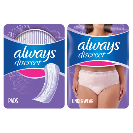 Save $5.00 on TWO Always Discreet 120ct, 111ct Liners, 26ct, 28ct, 33ct, 34ct, 39ct, 48ct, 54ct, 57ct, 66ct Pads OR 12-19 ct Underwear OR Always Discr
