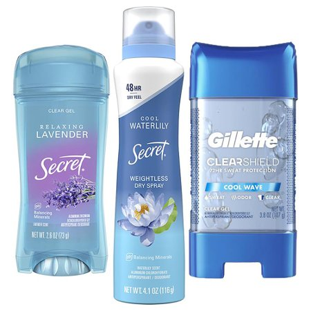 Save $1.00 on ONE Secret Fresh, Outlast, Aluminum Free, Dry Sprays, Deodorizing Feminine Wash, Gillette Clear Gel Antiperspirant/Deodorant or Gillette