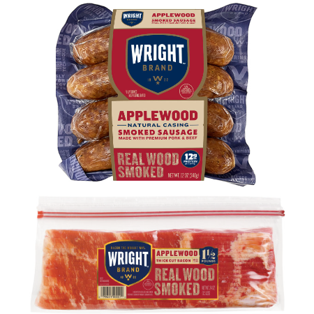 Save $2.50 on any ONE (1 ) Wright&reg; Brand 4ct Smoked Sausage Product or Wright&reg; Brand 24oz Hickory or Applewood Smoked Bacon Product