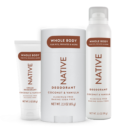Save $3.00 on ONE Native Whole Body Deodorant Cream, Whole Body Deodorant Spray, or Whole Body Deodorant (excludes trial/travel size).