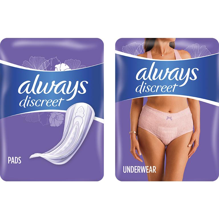 Save $2.00 ONE Always DISCREET Incontinence Products (excludes 24ct , 26ct, 44ct and 48ct Always Discreet Liners and other Always Products and trial/travel size).