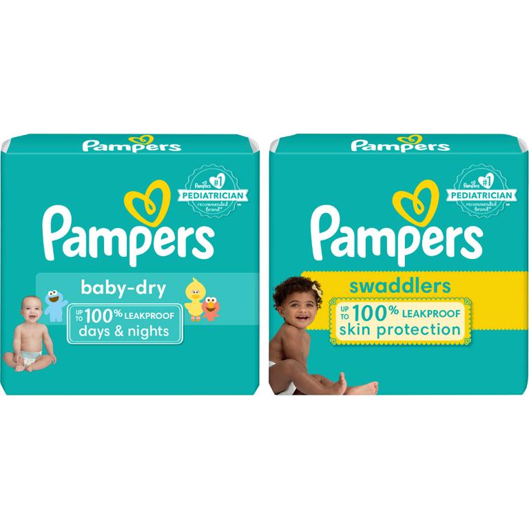 Save $3.00 TWO BAGS Pampers Swaddlers, Pure OR Baby Dry Diapers (excludes trial/travel size).