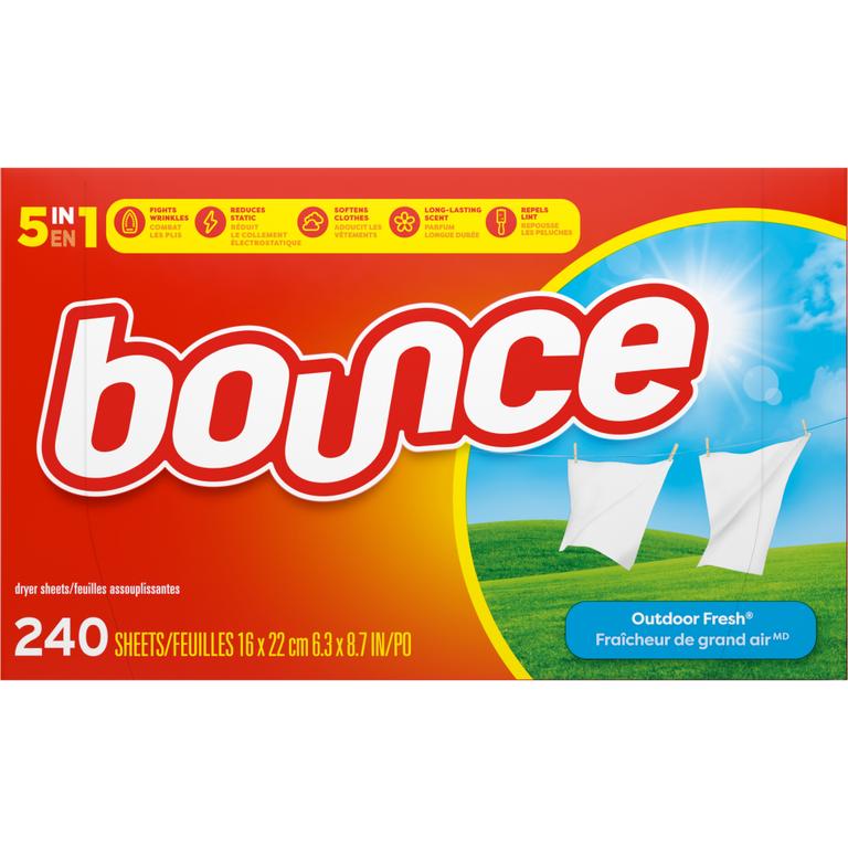 Save $3.00 ONE Bounce Sheets 240-250 ct OR Bounce WrinkleGuard Sheets 130-180 ct OR Pet Hair & Lint Guard Sheets 130-180 ct OR Lasting Fresh Sheets 130-180 ct (excludes trial/travel size).