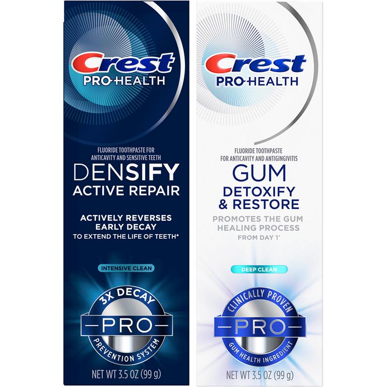 Save $5.00 TWO Crest Gum Detoxify, Gum Rescue, Densify, Densify Pro, Enamel Repair & Gum, Gum Pro, Gum Restore, Sensitivity & Gum, Gum & Bacteria Shield, or Breath Purify & Gum 3.5 toothpaste oz or larger (excludes all other variants, kids, and trial/travel size).
