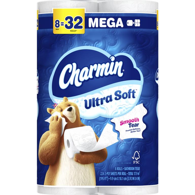 $1 off 1 ONE Charmin Ultra Toilet paper product 4 roll count or larger (excluding 9 MEGA Roll, 12 MEGA, 6 MEGA XL Roll, 8 MEGA XL Roll, 18 MEGA XL, 24 MEGA XL Roll, 12 MEGA XXL Roll pack sizes, Charmin Essentials, Charmin Forever Roll and trial/ travel size)
