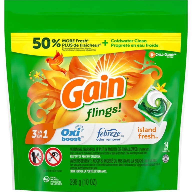 $1 off 1 ONE Gain Flings Laundry Detergent 14-19 ct (excludes Gain Ultra Flings, Gain Liquid/Powder Laundry Detergent, Gain Essential Oils, Gain Liquid Fabric Softeners, Gain Fireworks, Gain Sheets, Gain Flings 9 ct and below and trial/travel size).
