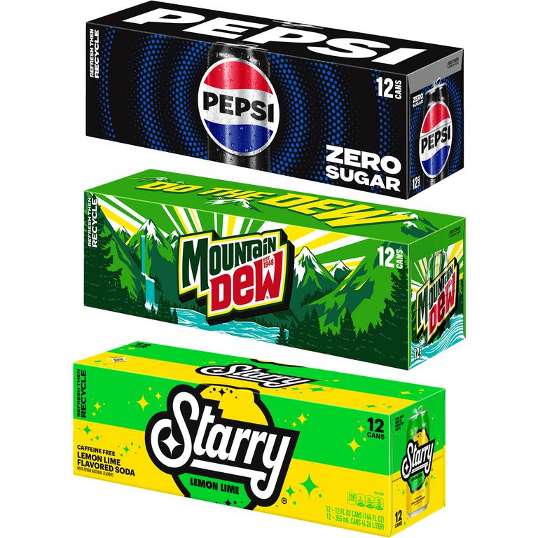 $1 off 3 When You Buy THREE (3) Pepsi®, Mountain Dew®, Starry®, or Mug® 12oz 12 pack, any flavor
