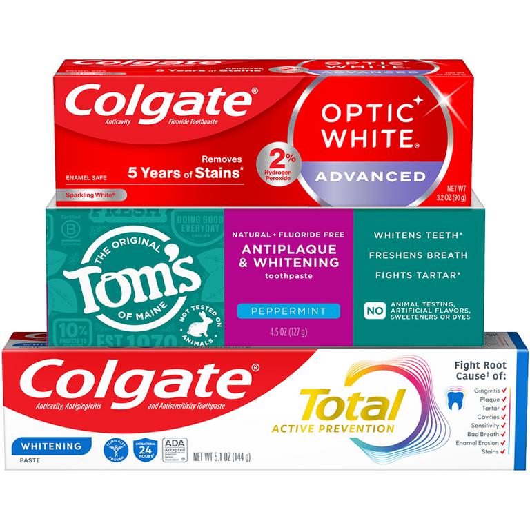 $3 off 2 On any TWO (2) Colgate Total, Max Fresh, Sensitive, Optic White Advanced, Stain Fighter, Purple or Charcoal, Tom's of Maine or hello Toothpastes (3oz or larger; excluding 3pack multipacks or larger and Kids Toothpastes)
