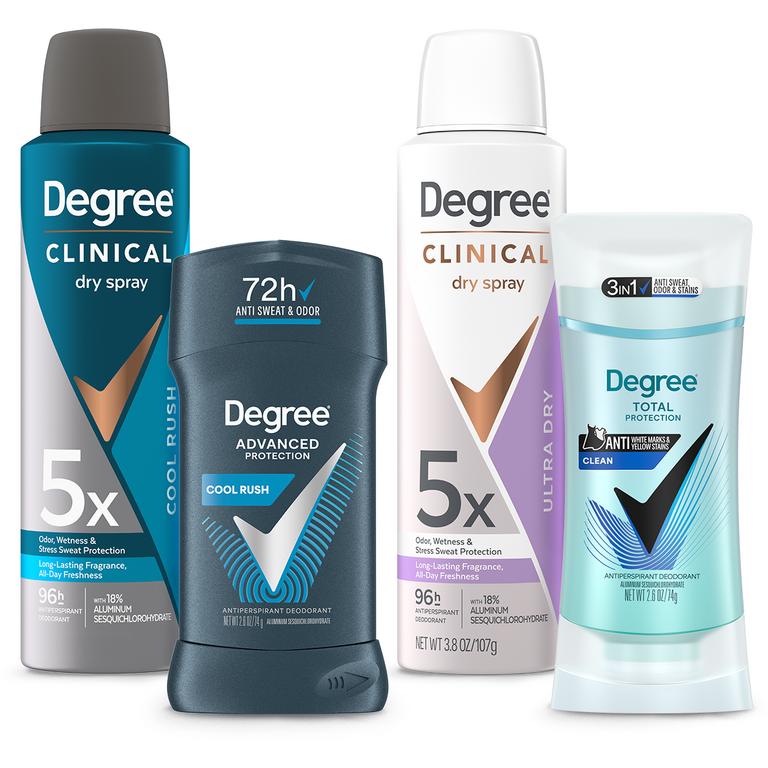 $4 off 2 on any TWO (2) Degree Body Heat Activated, Ultraclear Antiperspirant Stick, Dry Spray, Clinical Protection, Whole Body Deodorant product (excludes twin packs, 0.5oz, 1.0oz sizes)