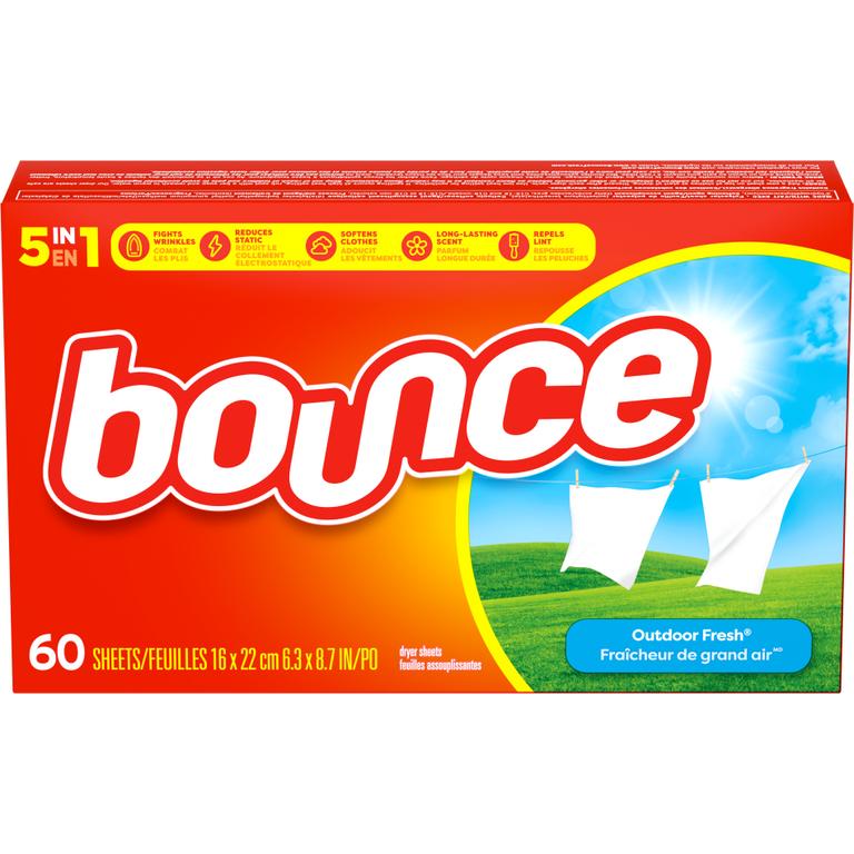 $0.75 off 1 ONE Bounce Mega Pet Hair and Lint Guard Fresh scent Sheets 30 ct OR Bounce Free and Gentle Sheets 60 ct OR Bounce Fresh Linen Sheets 60 ct OR Bounce Outdoor Fresh Sheets 60 ct Or Bounce Refreshing Breeze Sheets 60 ct (excludes travel size).