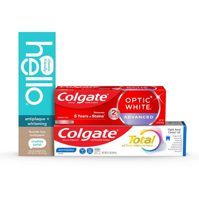 $4 off 2 On any TWO (2) Colgate Total, Max Fresh, Sensitive, Optic White Advanced, Stain Fighter, Purple or Charcoal, Tom's of Maine or hello Toothpastes (select varieties, 3oz or larger; excluding 3pack multipacks or larger)