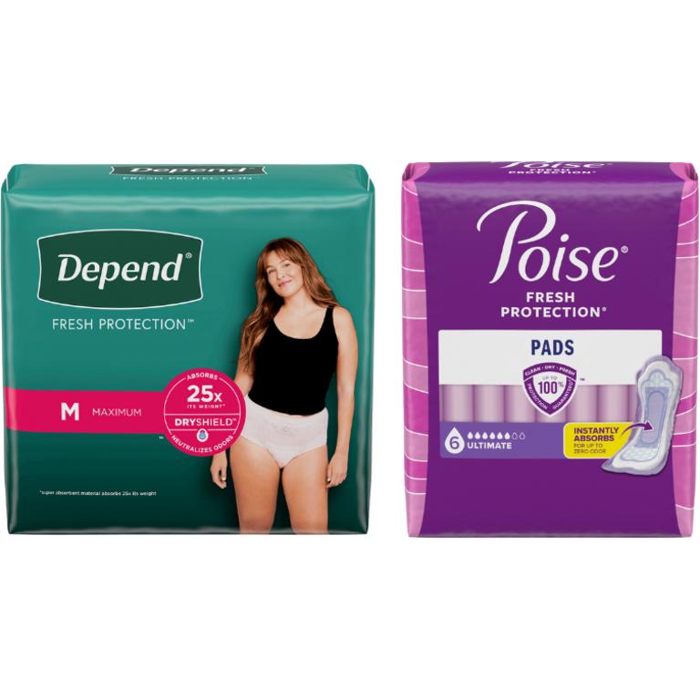 $2.50 off 1 on any ONE (1) pack of Poise® Pads (12 Ct+) or Liners (44 Ct+) Product OR any Depend® Products (8 Ct+). Not valid on One™ by Poise®, Poise® Impressa® products or 8-30 Ct Poise® liners.