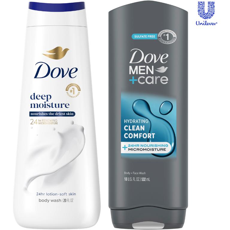 $8 off 2 on TWO (2) Dove 20oz body wash, Dove Men + Care 18oz body wash or 4 - bar soap products
