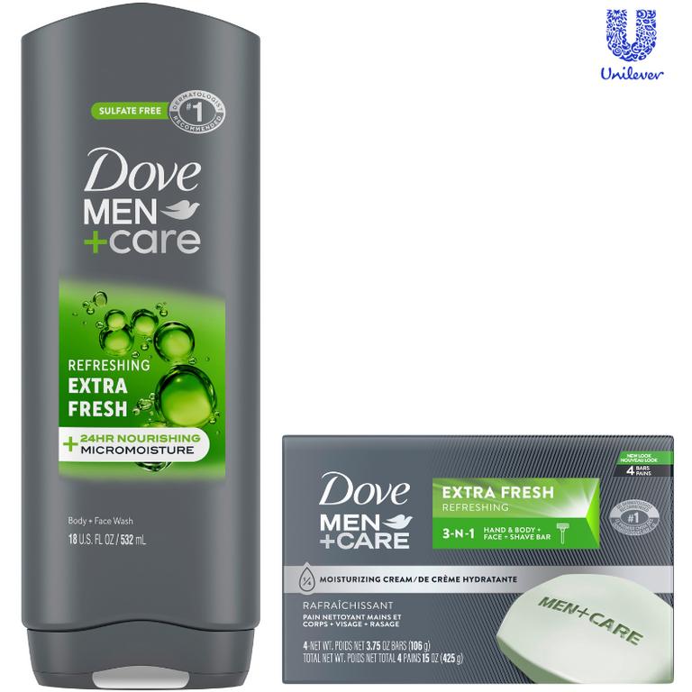 $5 off 2 on TWO (2) Dove Men + Care 18oz Body Wash or 4 count Bar Soap products