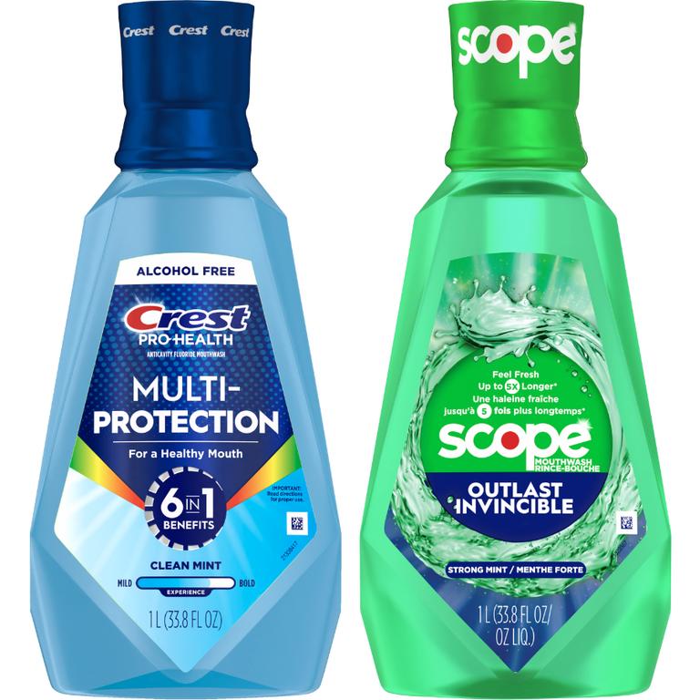 $1 off 1 ONE Crest OR Scope Mouthwash 473mL (16 oz) or larger (excludes 3DWhite, Pro-Health Extra Whitening, Gum Detoxify, Gum Restore, Clinical Deep Clean, All Day Clean Breath or Nightly Bacteria Shield or larger or trial/travel size).